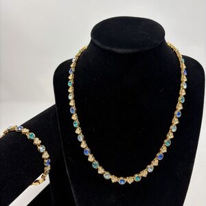 Swarovski Crystal Heart Necklace & Bracelet Set Blue Aqua Gold Tone w Box